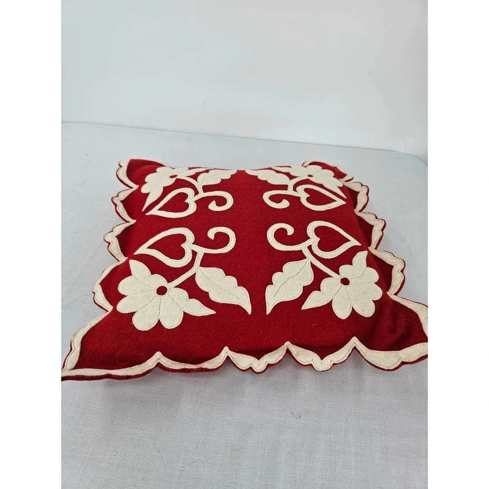 Handcut Reverse Applique Wool Blend Floral Pillow Cover Red Cream Hungary 16x16